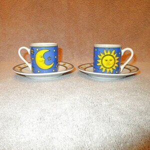 Vtg Celestial Sun & Moon Espresso Demitasse Cups & Saucers Stars Galaxy 4 Piece